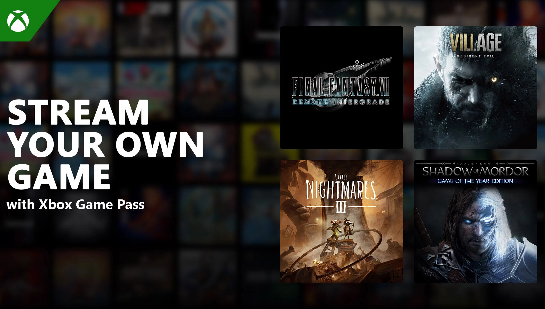 Xbox Game Pass promotion featuring Final Fantasy VII, Resident Evil Village, Little Nightmares III, and Shadow of Mordor