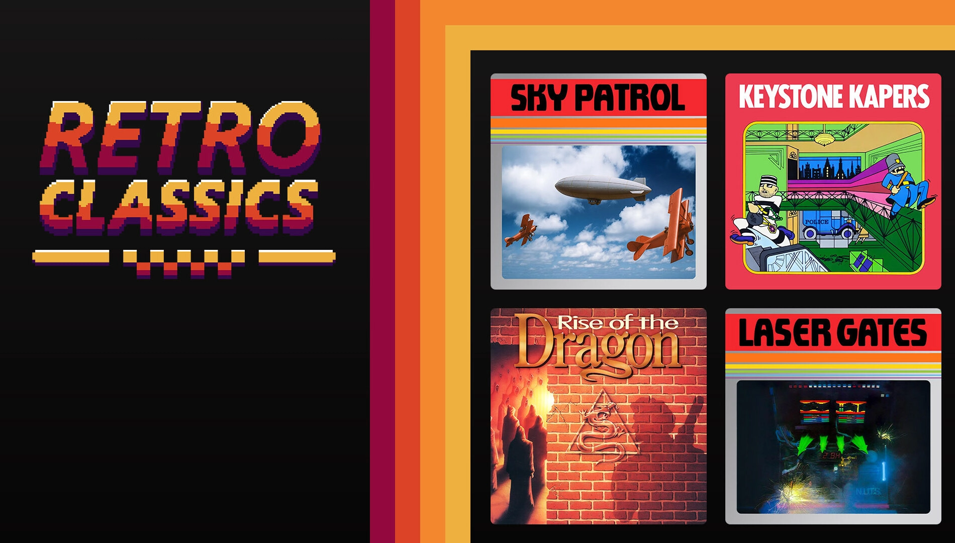 Retro Classics game collection featuring Sky Patrol, Keystone Kapers, Rise of the Dragon, and Laser Gates