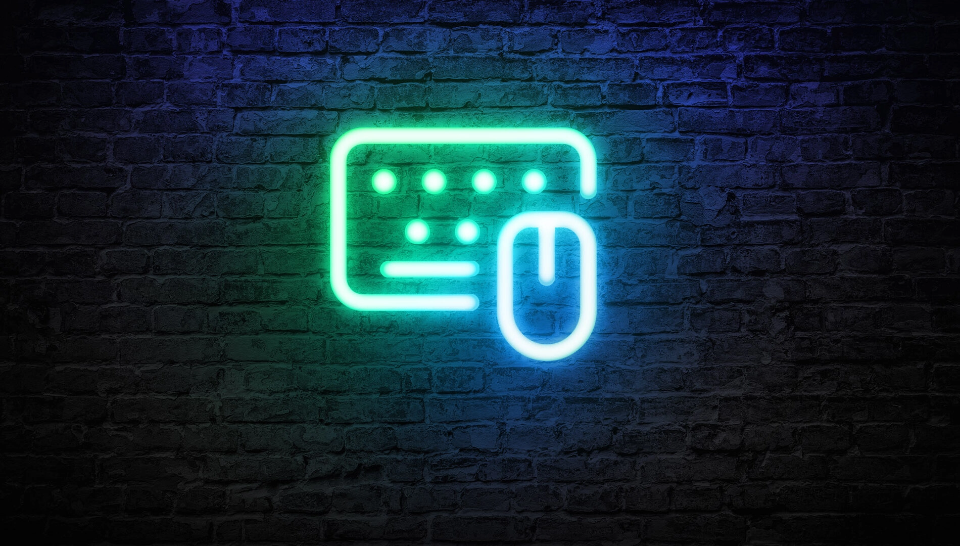 Neon outline of a keyboard and mouse against a dark brick wall, symbolizing gaming technology advancements