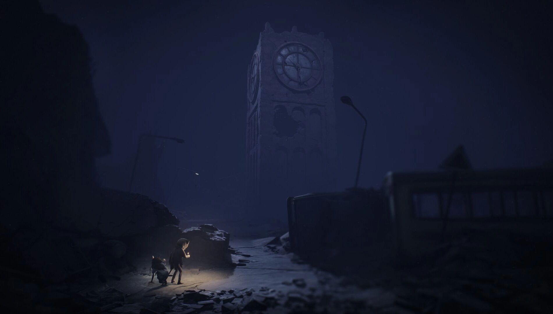 Two figures explore a dark, eerie landscape with a broken clock tower looming in the background