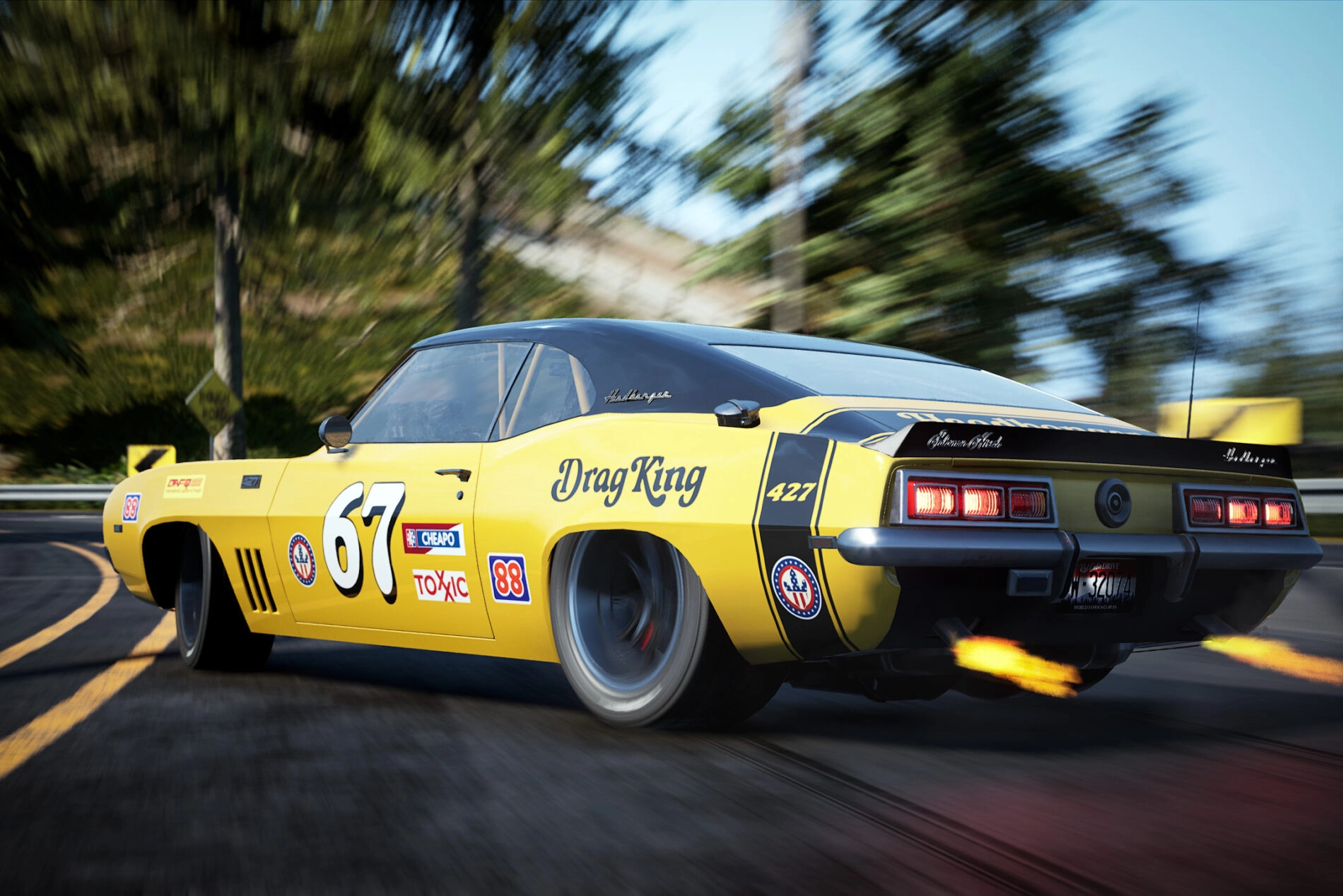 Yellow race car with number 67 drifts on a track, flames from exhaust, promoting Wreckfest game sale