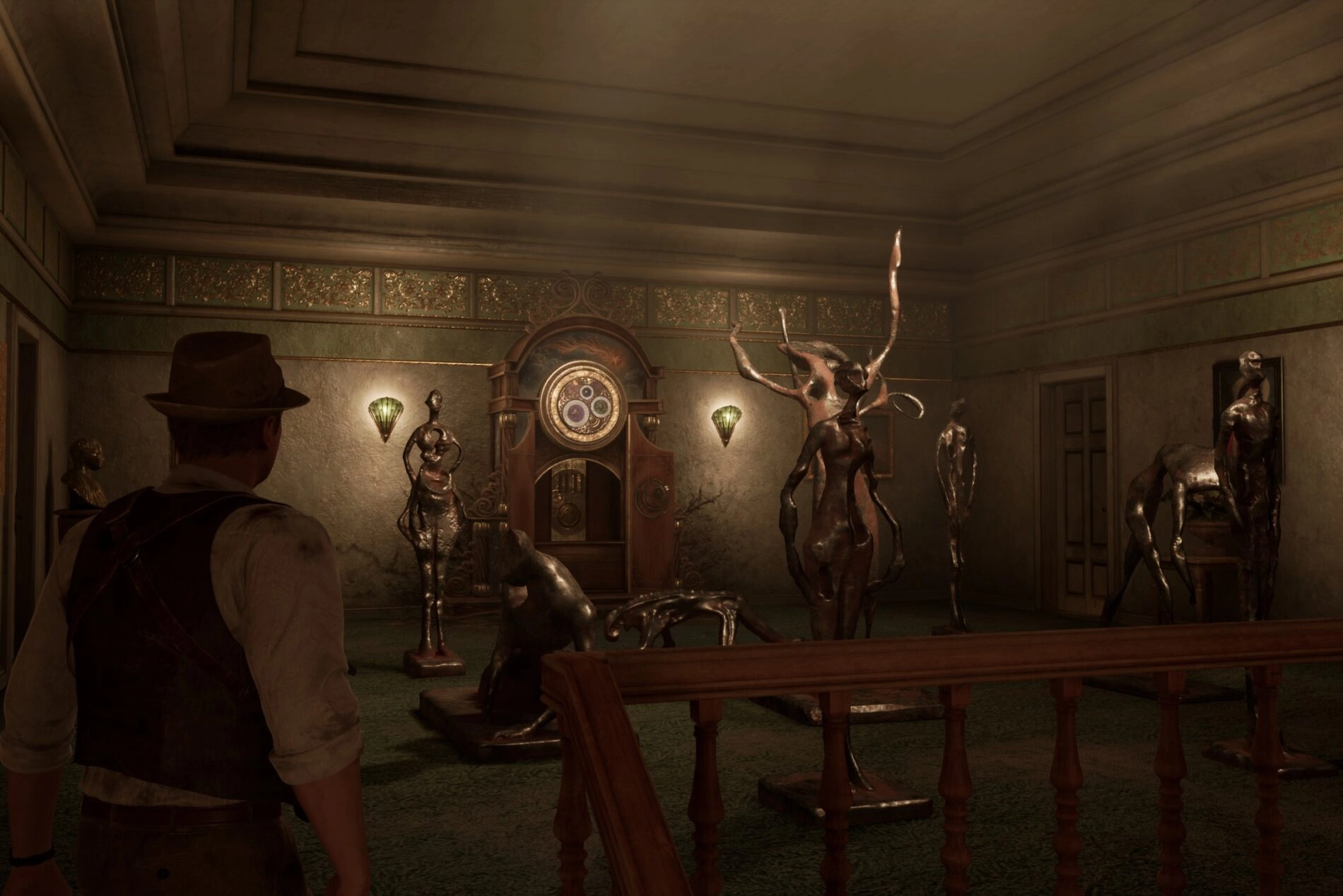A man in a hat observes eerie sculptures in a dimly lit room, enhancing the horror game atmosphere