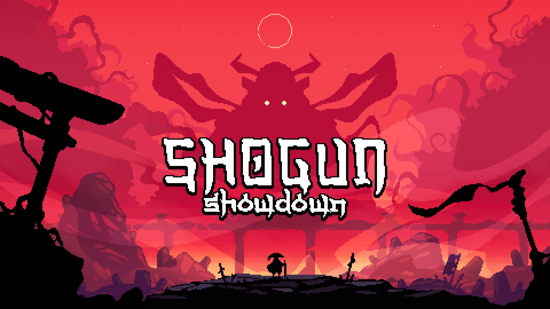 Shogun Showdown game cover featuring vibrant red background, silhouetted figures, and stylized text on Nintendo Switch.
