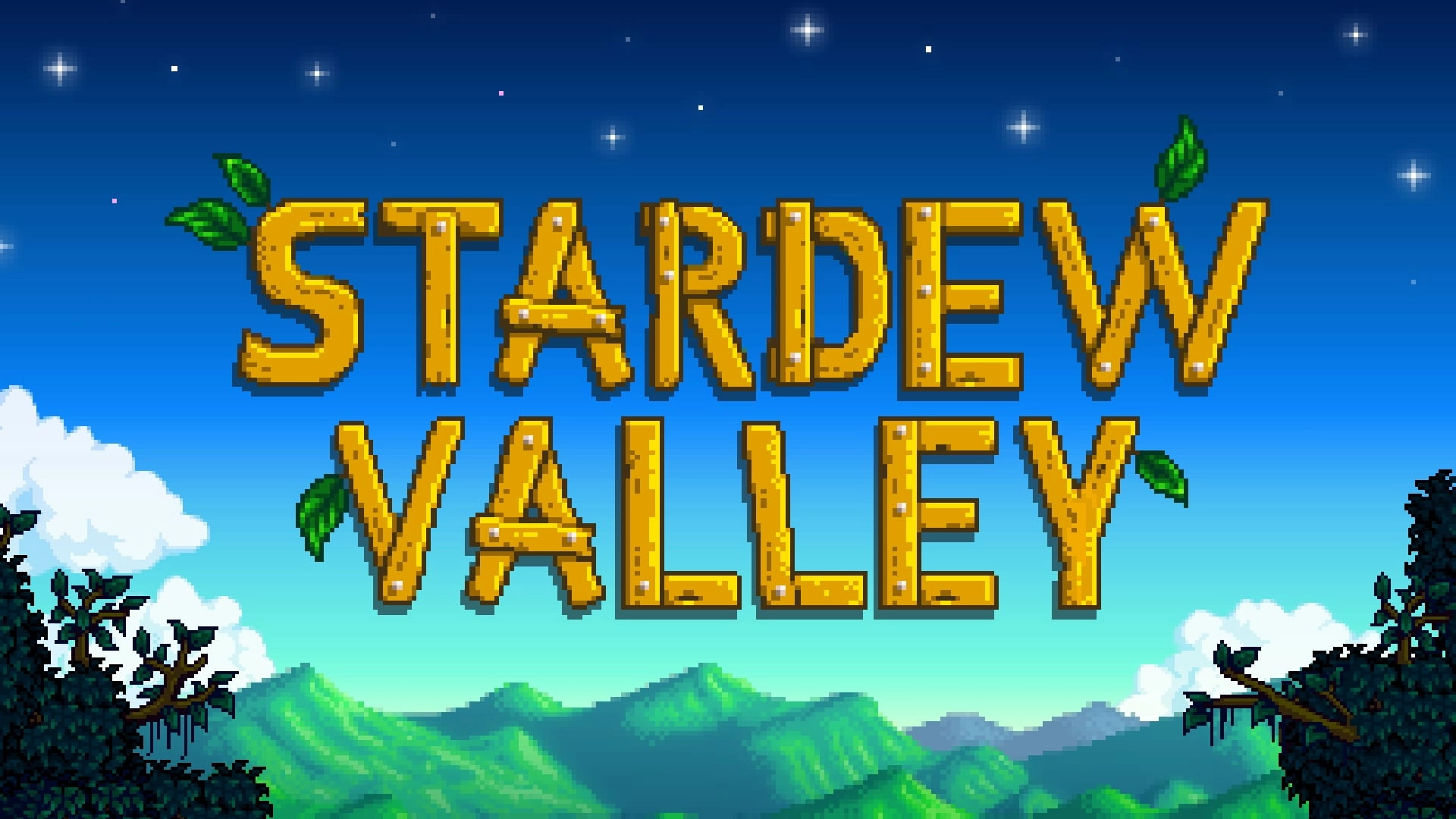 Stardew Valley title screen featuring scenic mountains and vibrant colors, promoting quality games under $30 on Nintendo S...