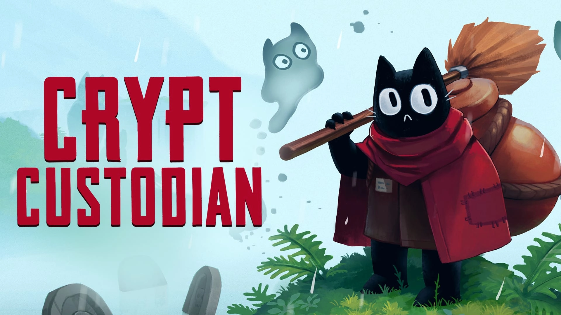 Crypt Custodian game cover featuring a cat character with a broom, set in a whimsical, spooky landscape.