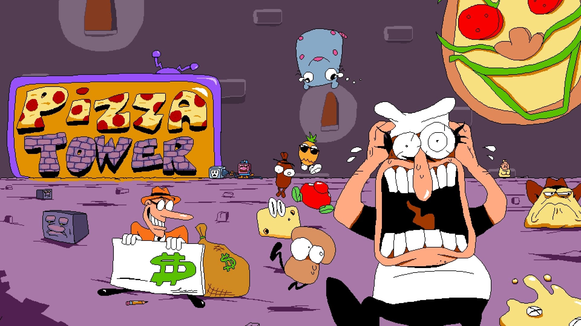 Colorful characters from Pizza Tower react in a chaotic scene, showcasing a vibrant gaming atmosphere for budget-friendly ...