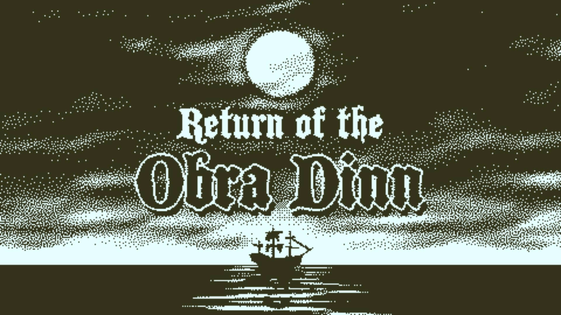 Return of the Obra Dinn title screen features a ship at sea under a moonlit sky, perfect for adventure game enthusiasts.