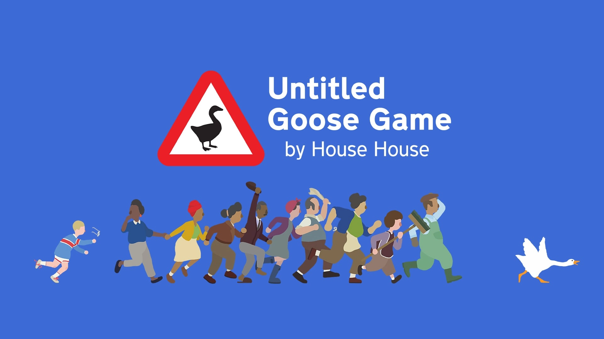 Untitled Goose Game banner featuring characters in a playful procession against a blue background. Affordable gaming options.
