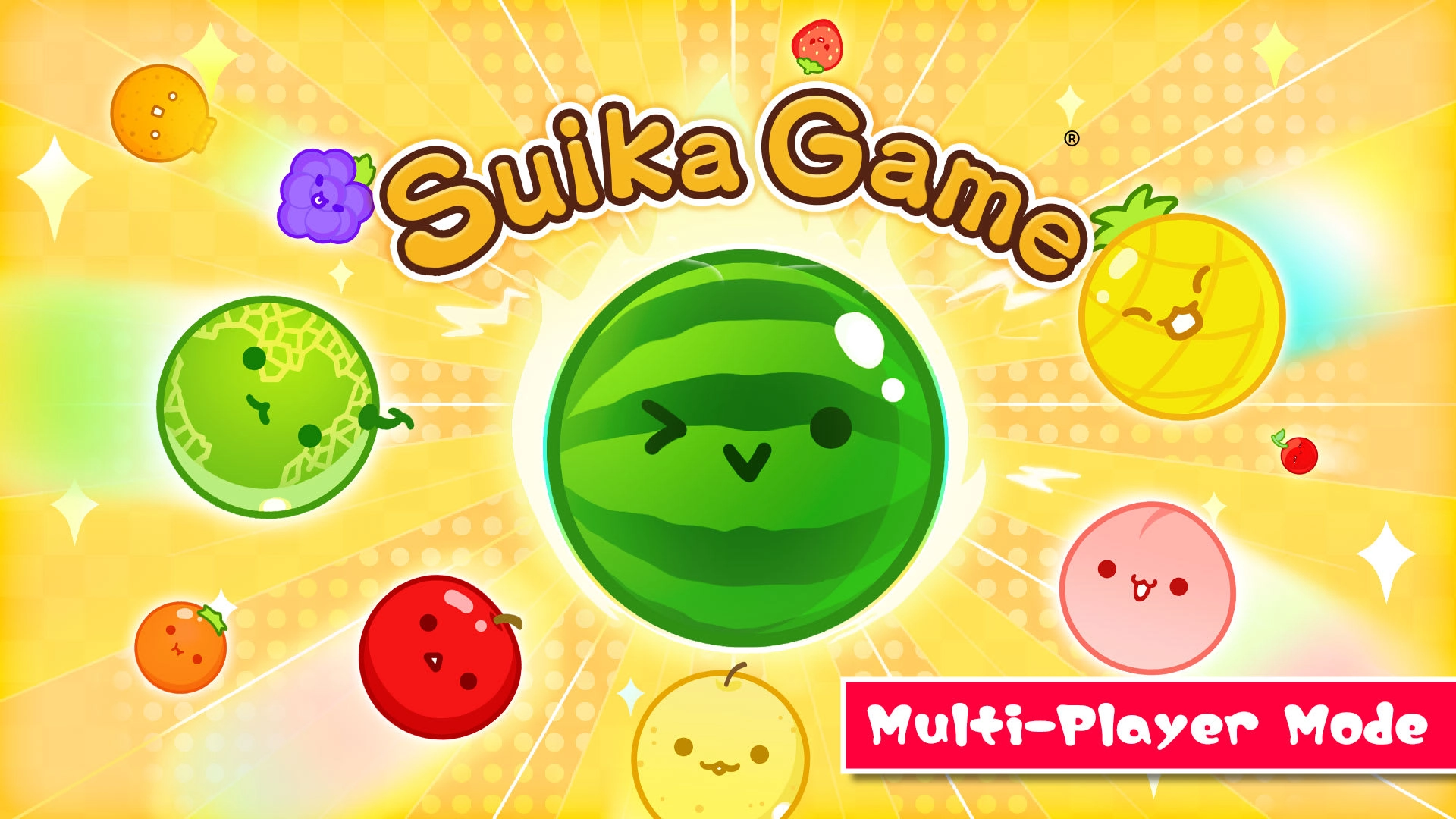 Colorful Suika Game artwork featuring a playful watermelon and fruit emojis, promoting multiplayer fun on Nintendo Switch.