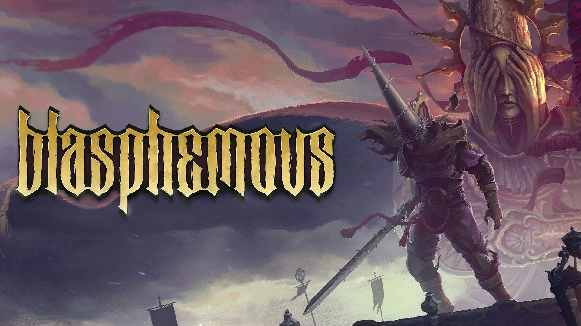 Blasphemous game cover featuring a character in armor, set in a dark, medieval fantasy landscape. Under $30 games.