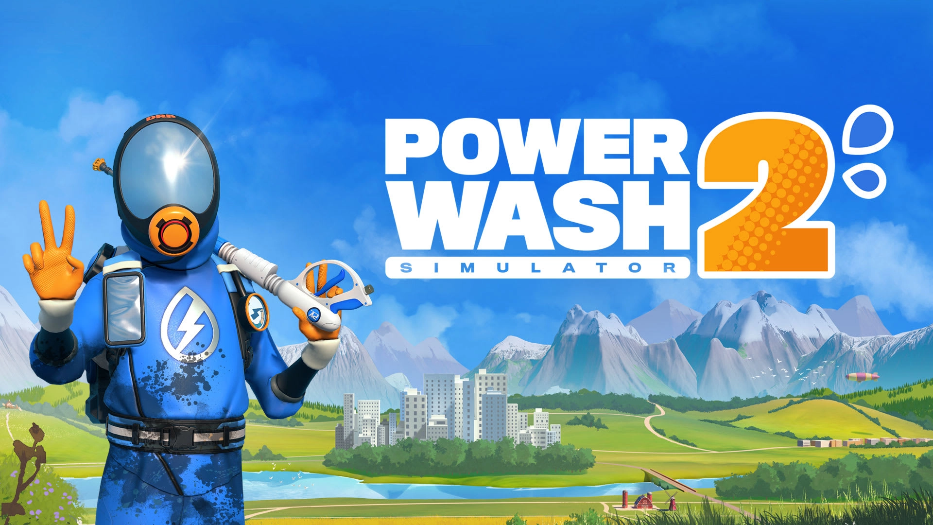 PowerWash Simulator 2 cover art featuring a character in a blue suit against a vibrant landscape. Perfect for gaming enthu...