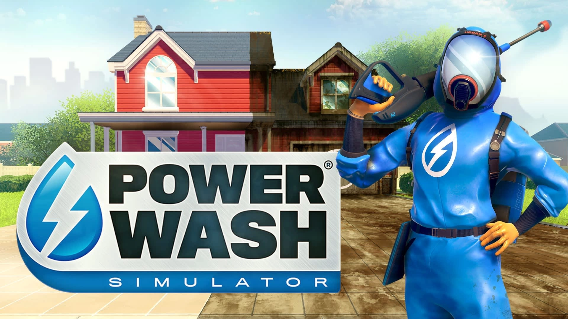 PowerWash Simulator promotional image featuring a character in blue gear holding a power washer in front of a house.