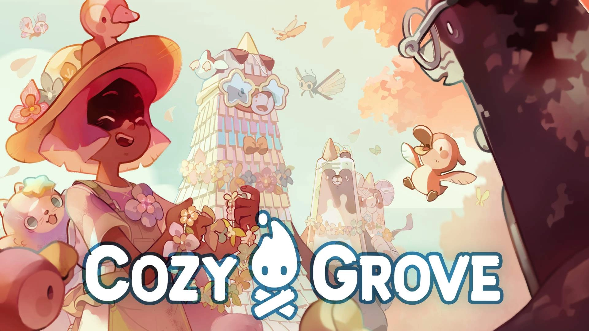 Cozy Grove game promotional art featuring vibrant characters and whimsical scenery, ideal for Switch enthusiasts.