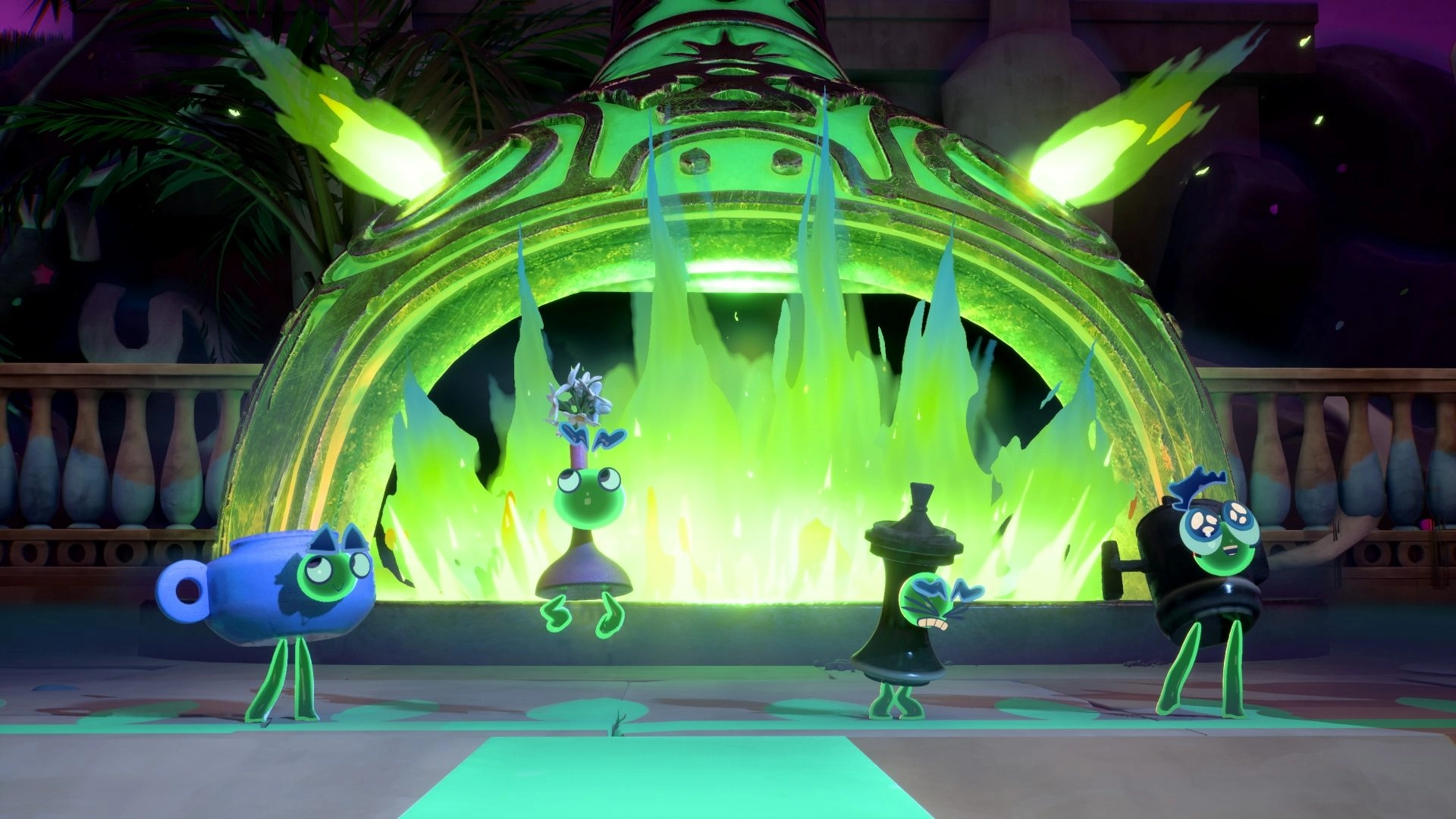 Colorful spirits with pottery bodies stand in front of a glowing green kiln, ready for battle in Kiln game