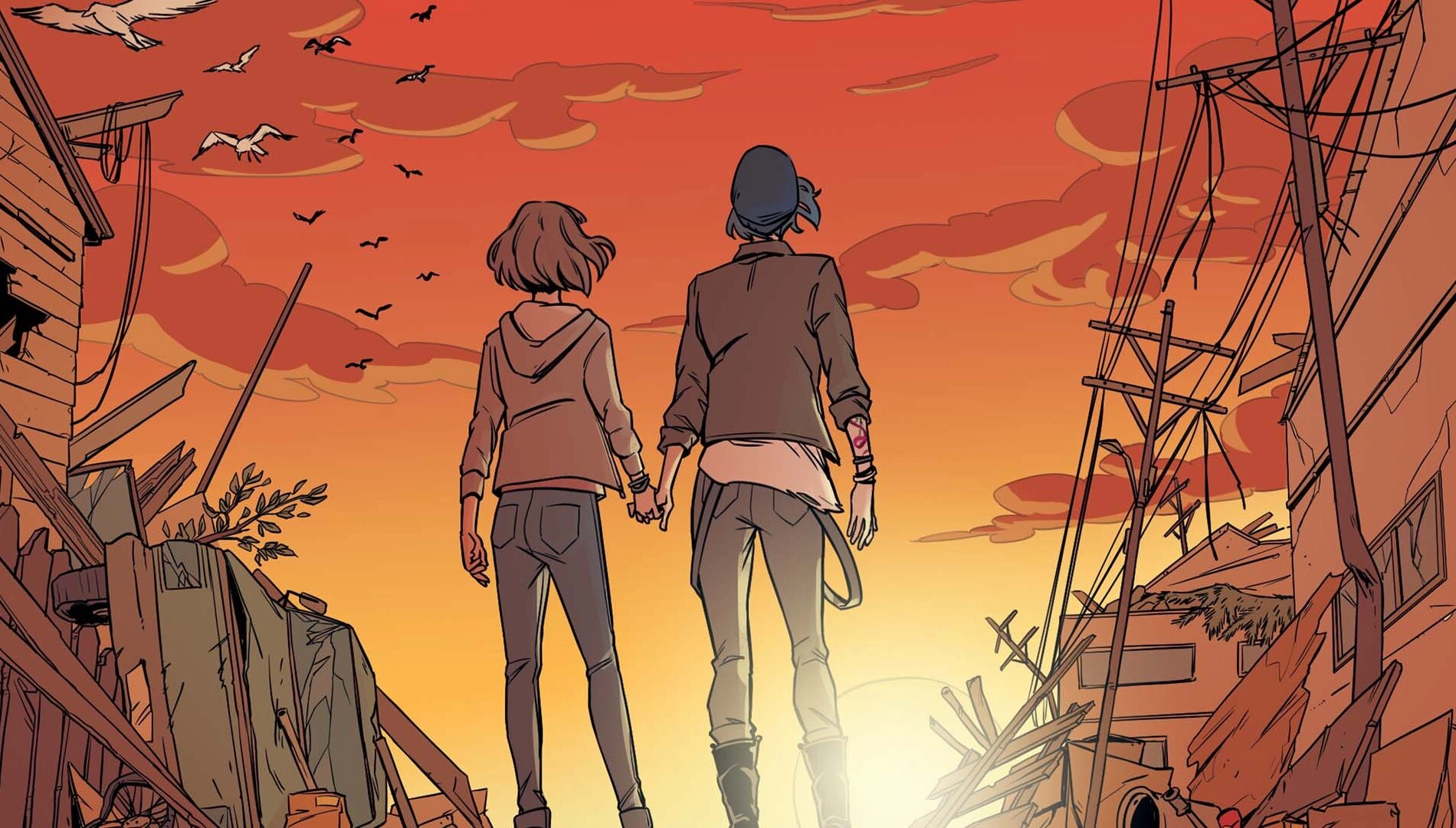 Max and Chloe holding hands, walking towards a sunset in a post-apocalyptic setting with birds flying above