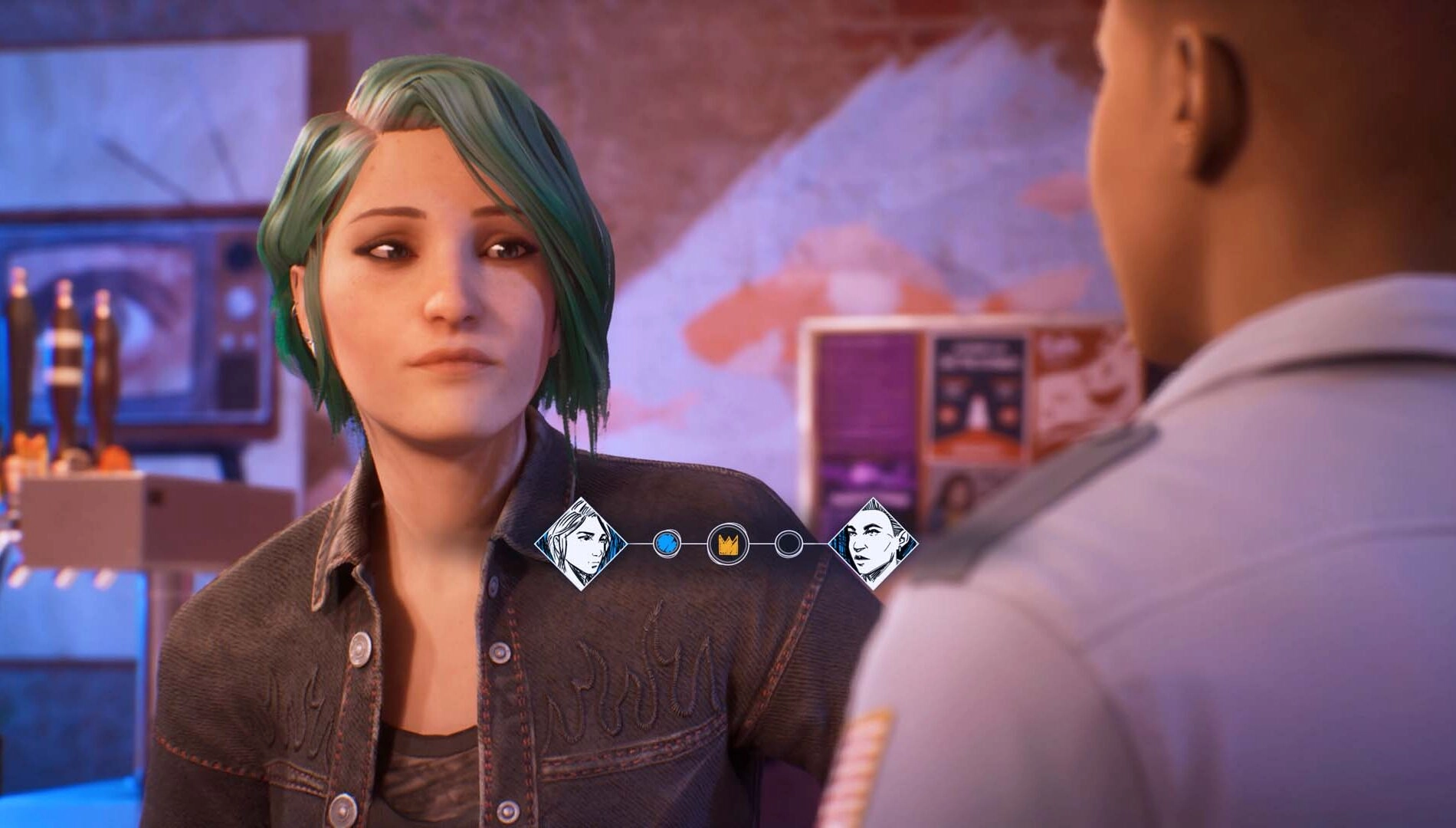 Chloe with green hair talks to a uniformed person in a colorful room, dialogue choices visible between them
