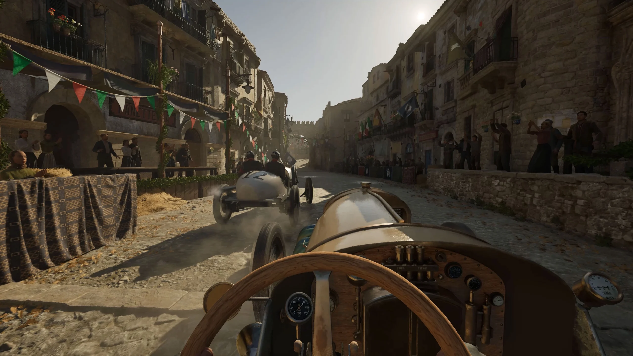 Vintage cars racing through a cobblestone street in 1900s Sicily, surrounded by cheering spectators