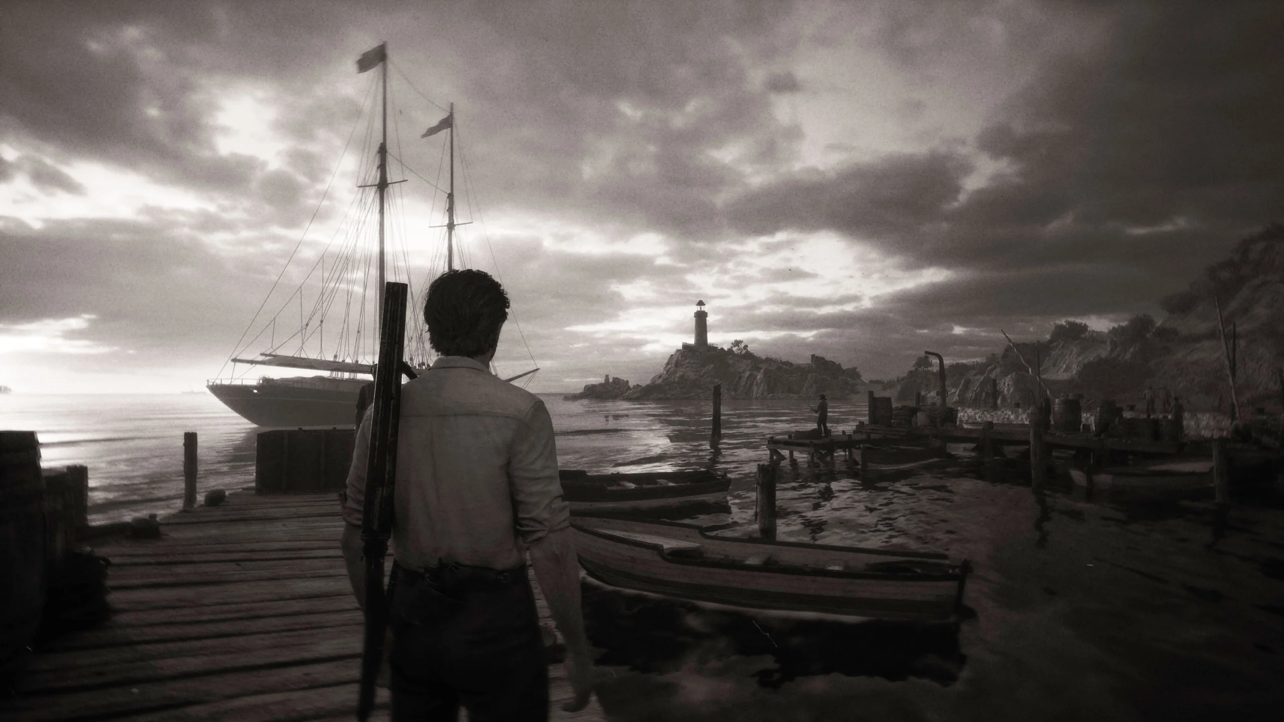 A lone figure stands on a dock, gazing at a lighthouse and sailboat under a dramatic cloudy sky
