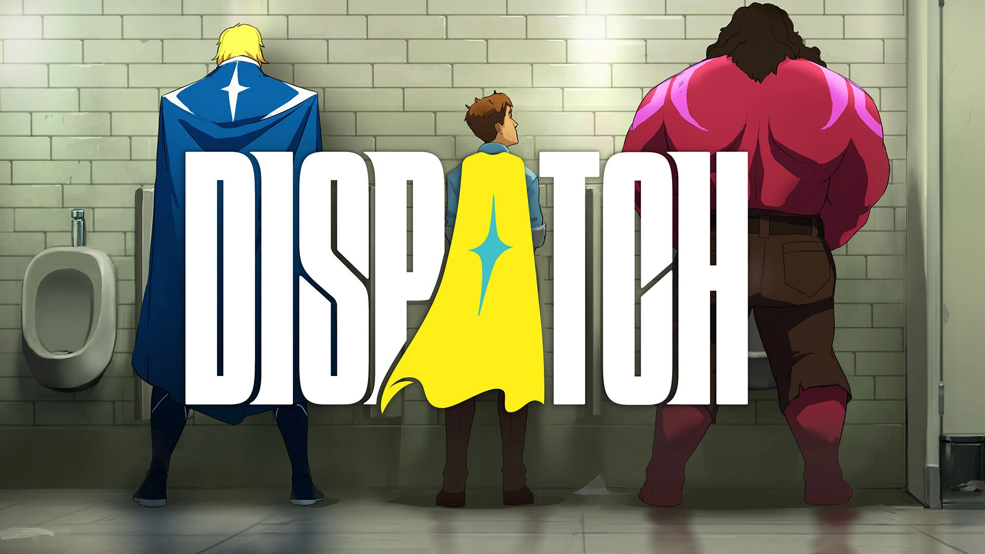 Three characters in superhero attire stand in front of urinals, with the word "Dispatch" overlaying the scene