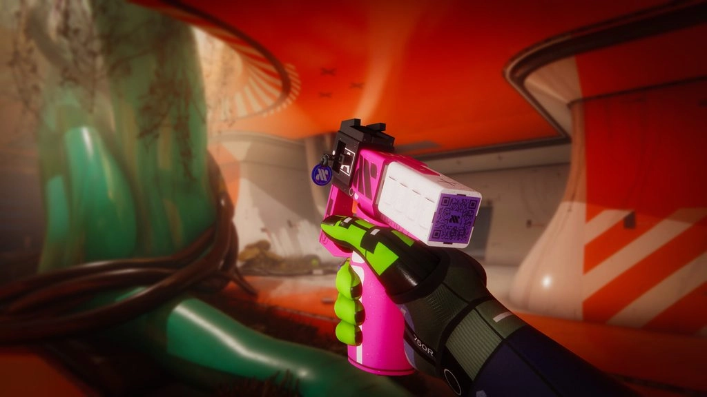 A Runner holds a pink weapon in a futuristic, vibrant environment on Tau Ceti IV, ready for action