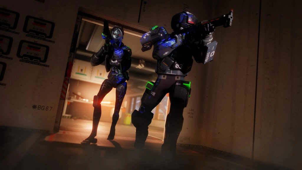 Two bio-cybernetic Runners in tactical gear navigate a dimly lit corridor, weapons ready for action