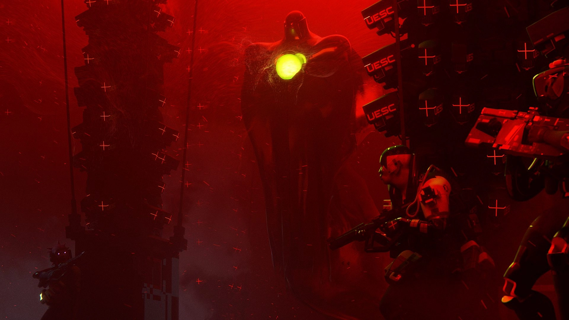 Runners in a red-lit environment face a towering entity with a glowing core, surrounded by UESC structures