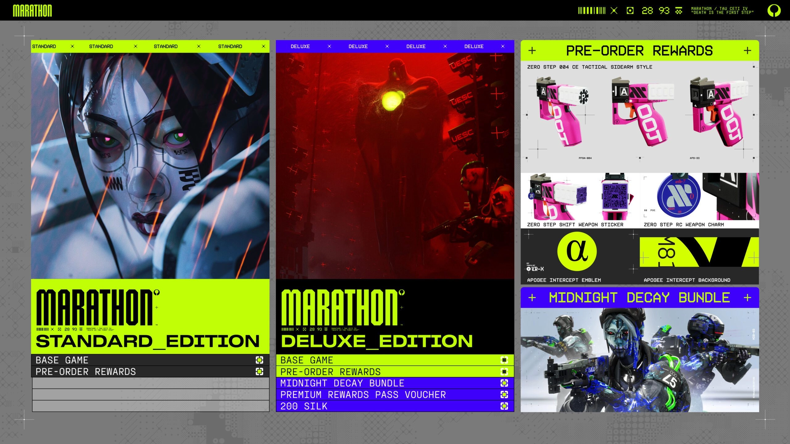 Marathon game editions displayed with vibrant artwork, featuring bio-cybernetic Runner and pre-order rewards