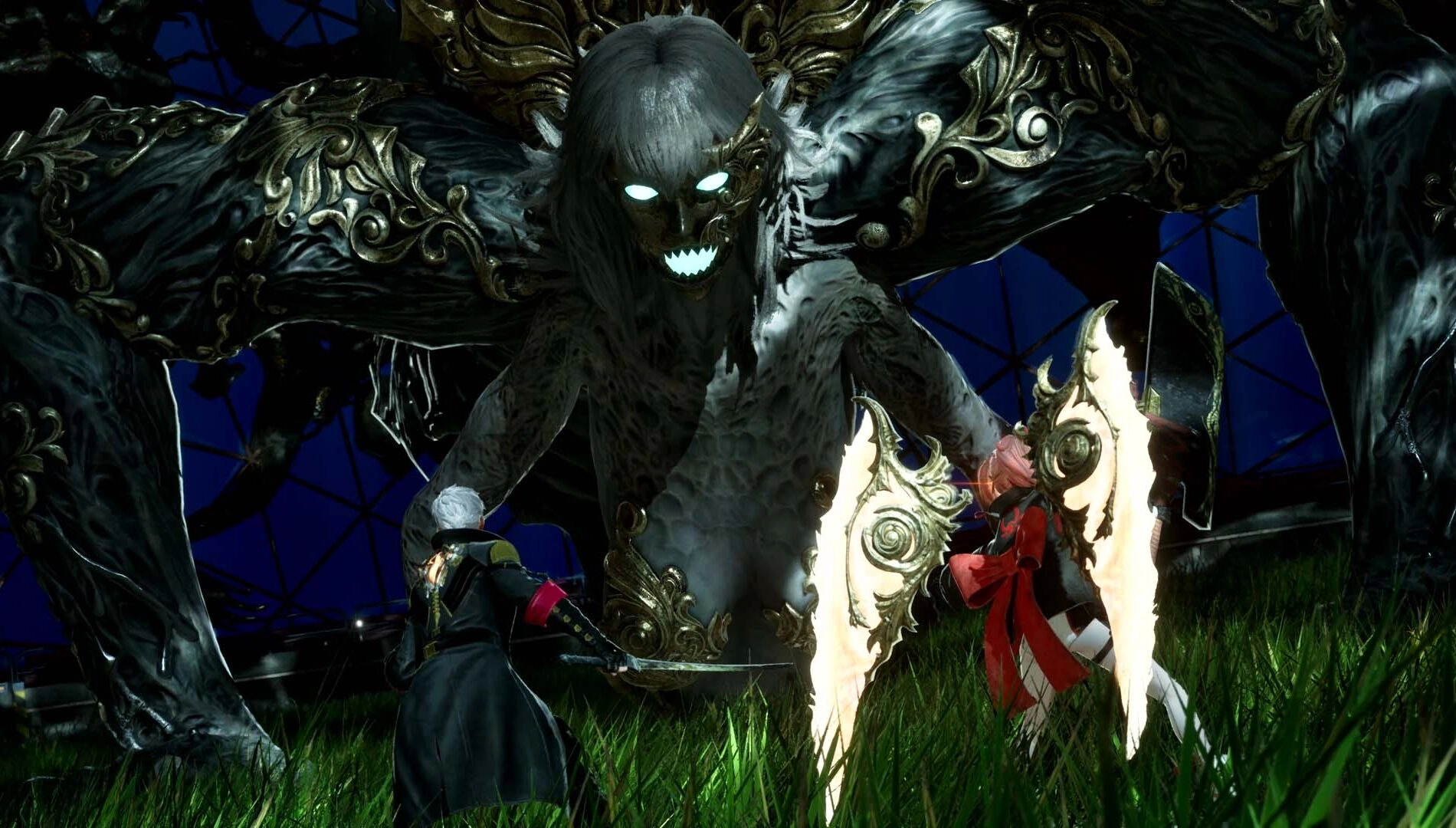Exciting battle scene in Code Vein II featuring players confronting the monstrous Metagen Remnant and stoic companion Josée.