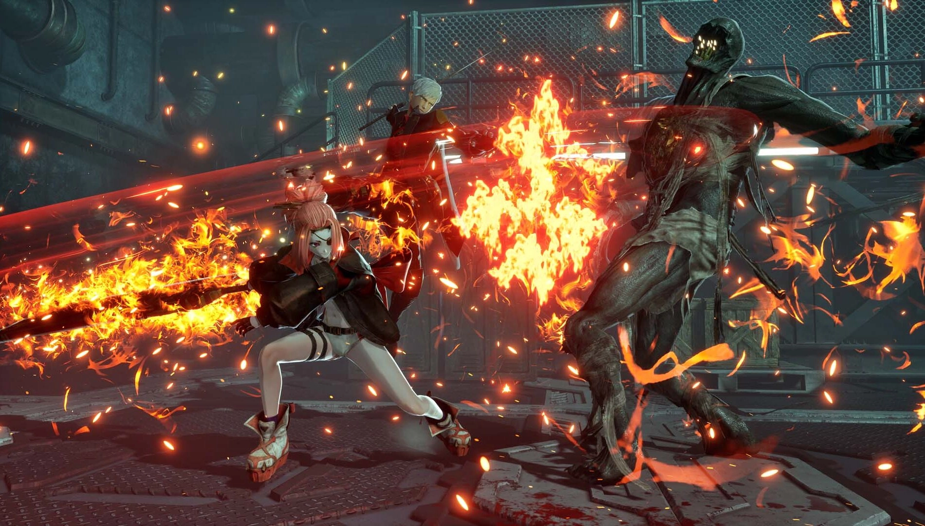Code Vein II gameplay: Josée Anjou battles a monstrous foe with a fiery sword in a flooded urban setting.