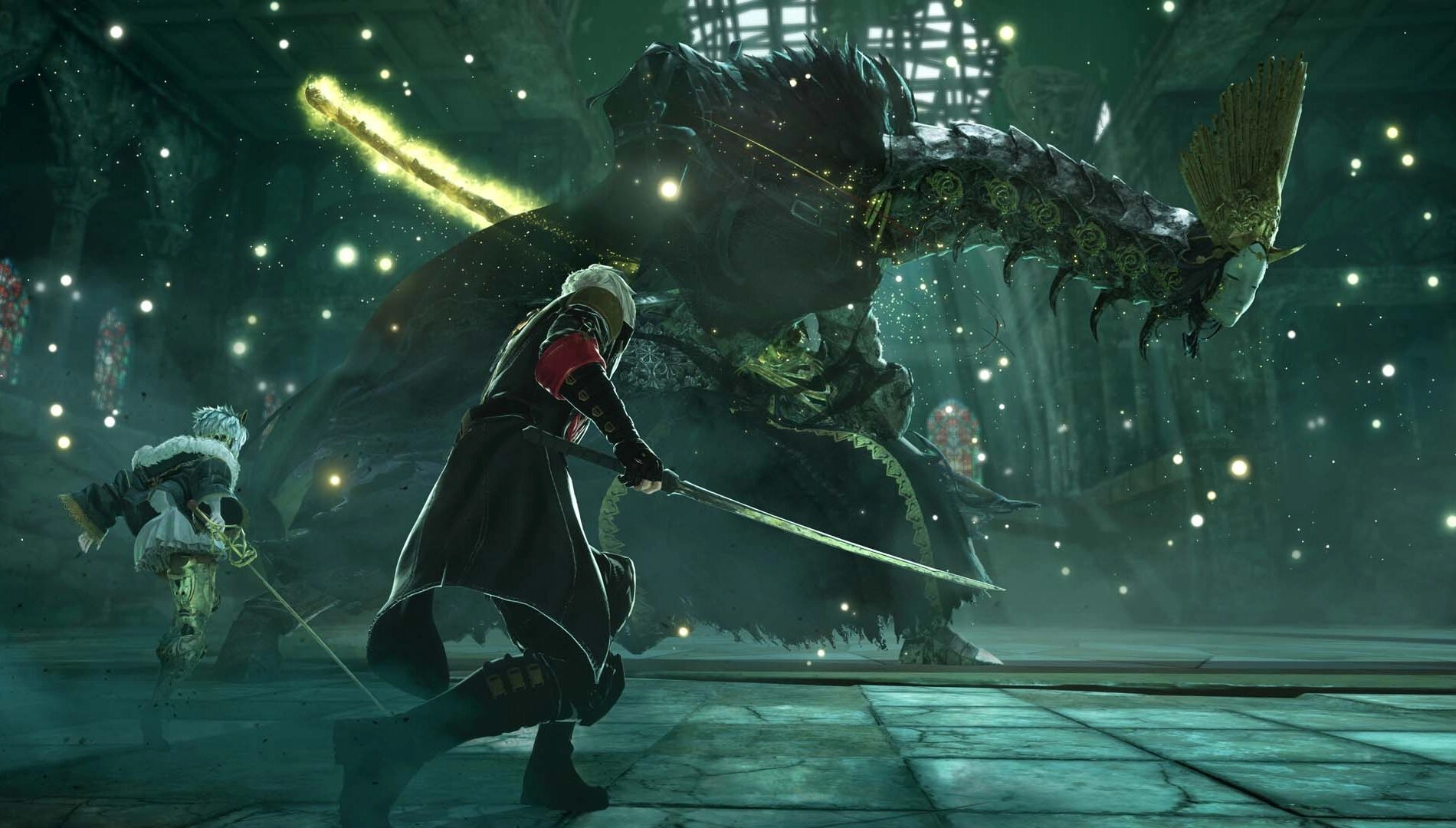 A fierce battle scene in Code Vein II with a warrior fighting a monstrous beast in a flooded urban ruin.