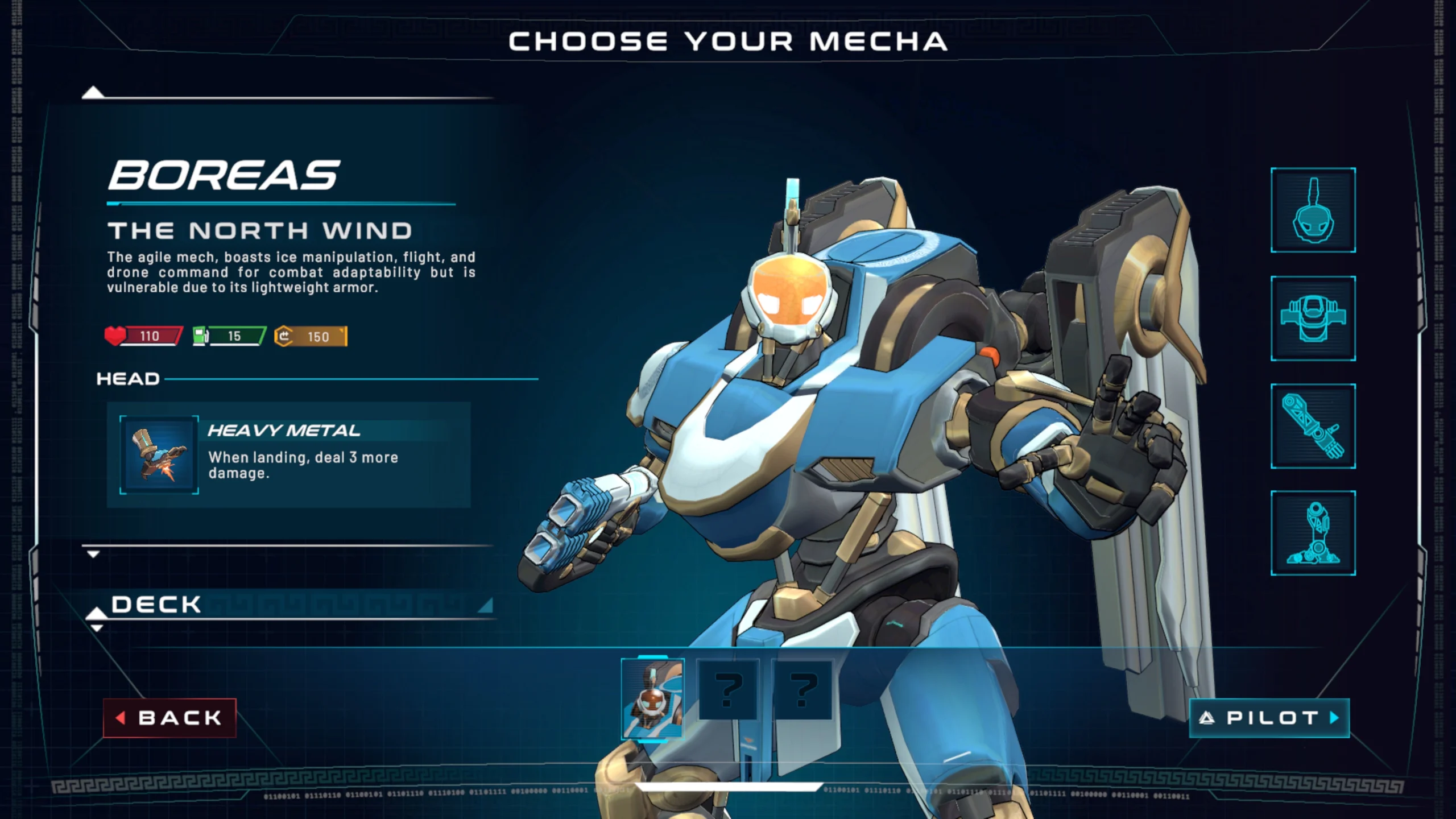A blue and white mech with orange visor stands ready for battle, showcasing its heavy metal head card