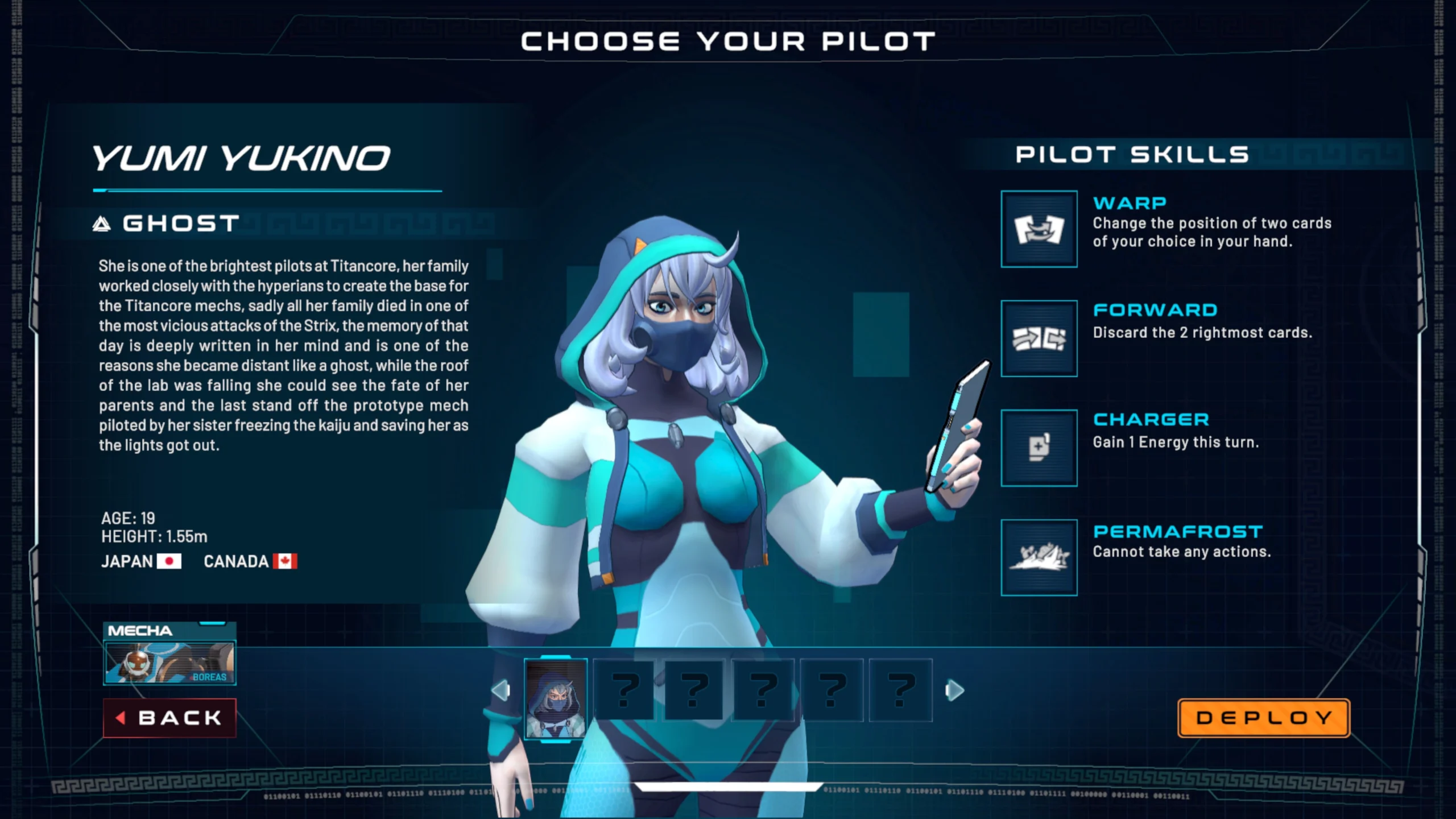 Character selection screen showing a female pilot with blue and white attire, displaying pilot skills