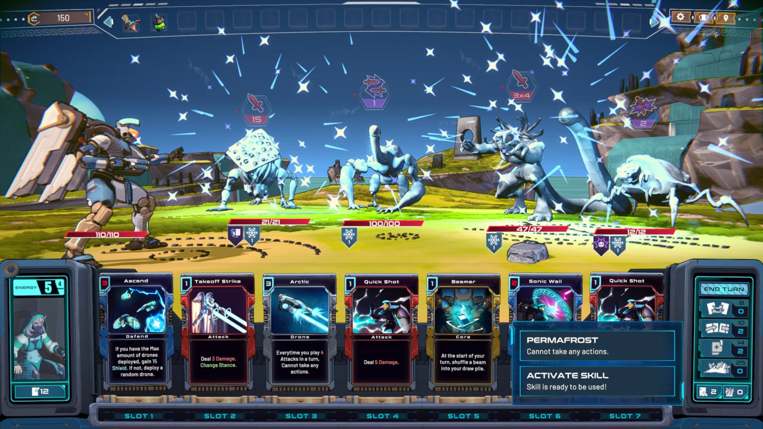 Mechborn game battle screen showing mech pilots facing off against Kaiju with cards displayed below