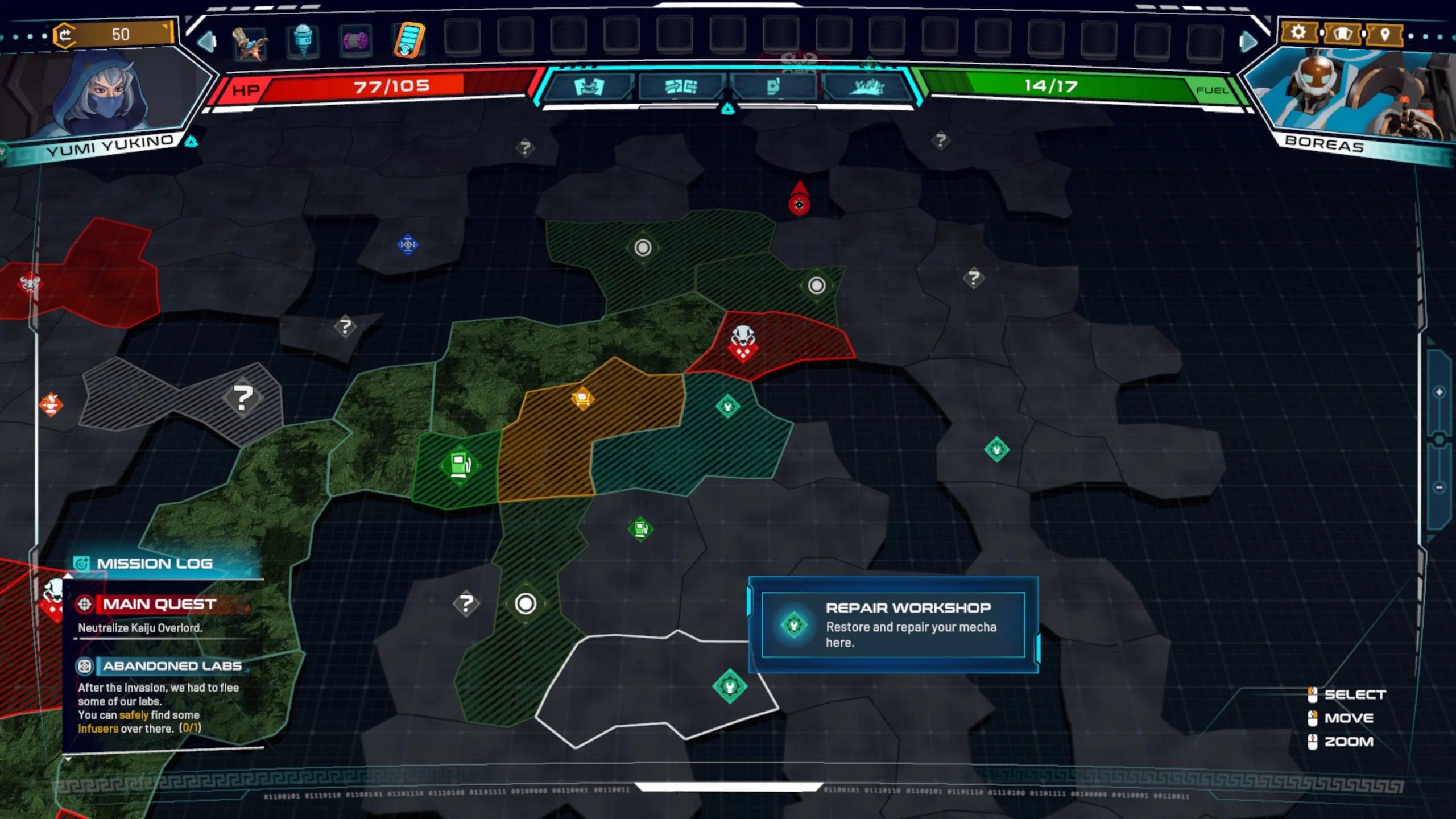 Game interface showing a strategic map with hexagonal tiles, mission log, and repair workshop notification