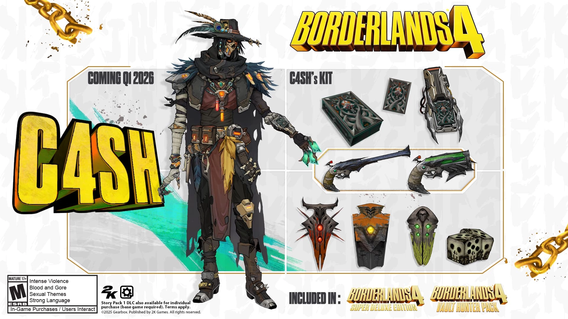 C4SH, a new Vault Hunter in Borderlands 4, stands with his kit of weapons and gear, coming in Q1 2026