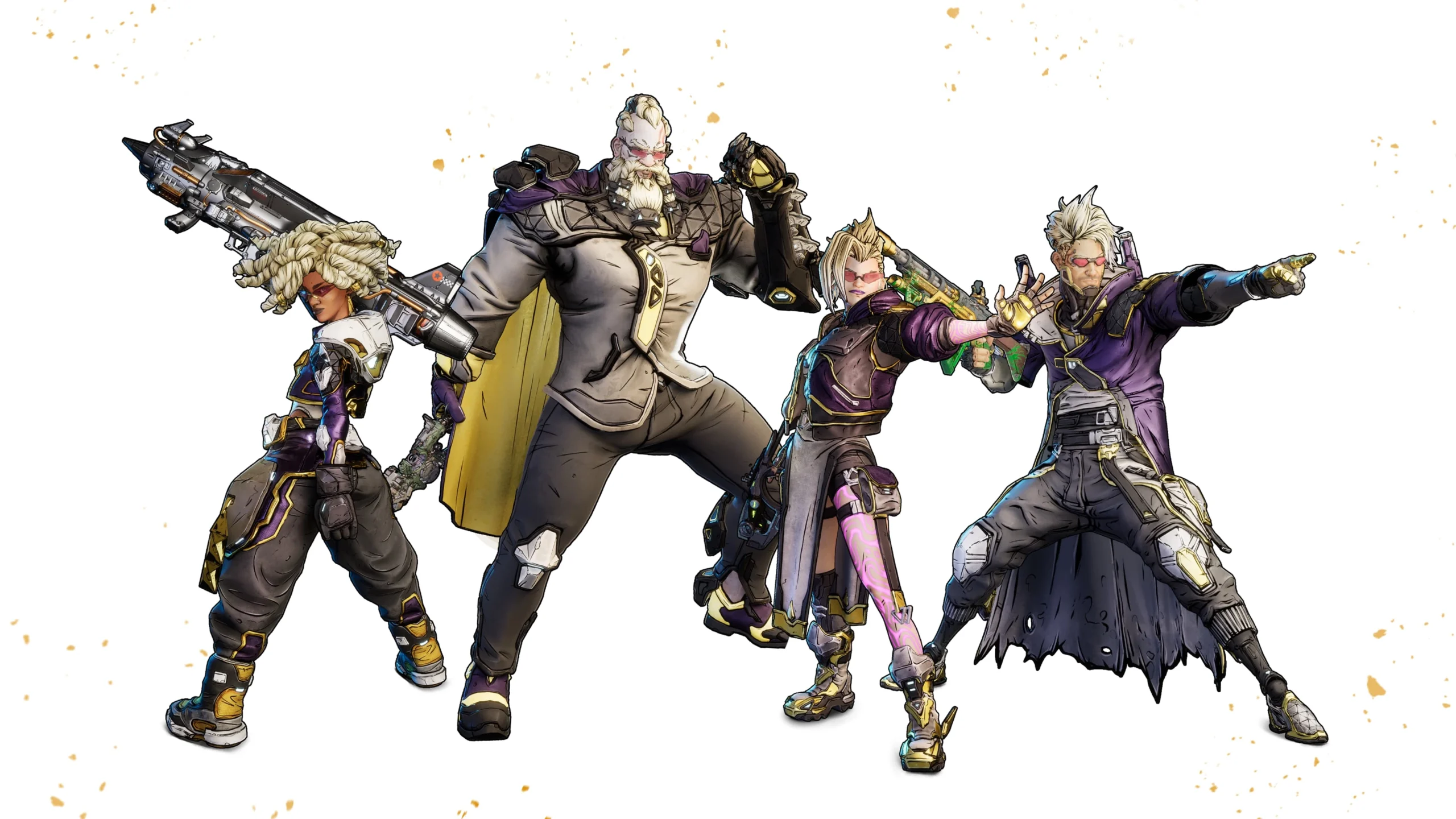Four diverse characters from Borderlands 4, each in dynamic poses with unique weapons and outfits
