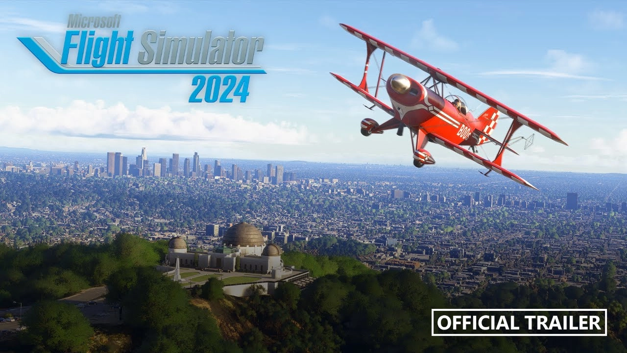 A red biplane flies over Los Angeles, showcasing the detailed cityscape in Microsoft Flight Simulator 2024