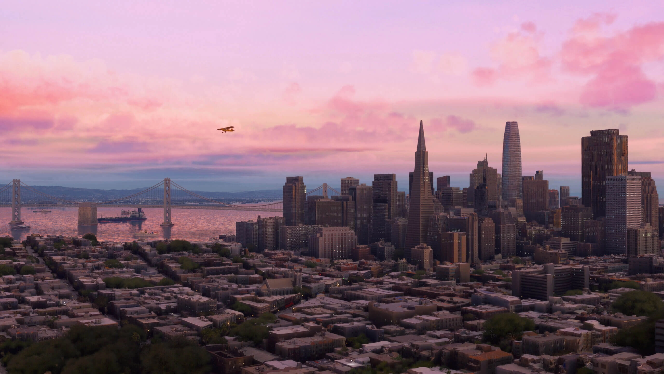 San Francisco skyline at sunset with iconic skyscrapers and Bay Bridge, perfect for simmers exploring California