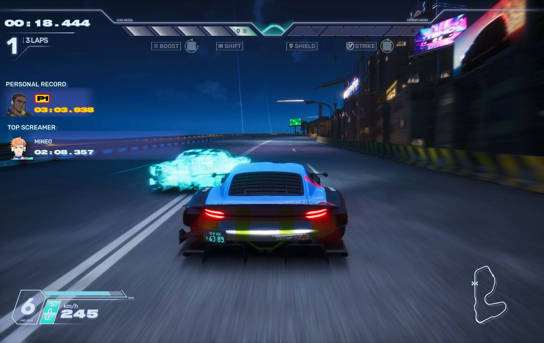 Futuristic race car speeding on a neon-lit track, with a holographic car opponent in a high-speed chase