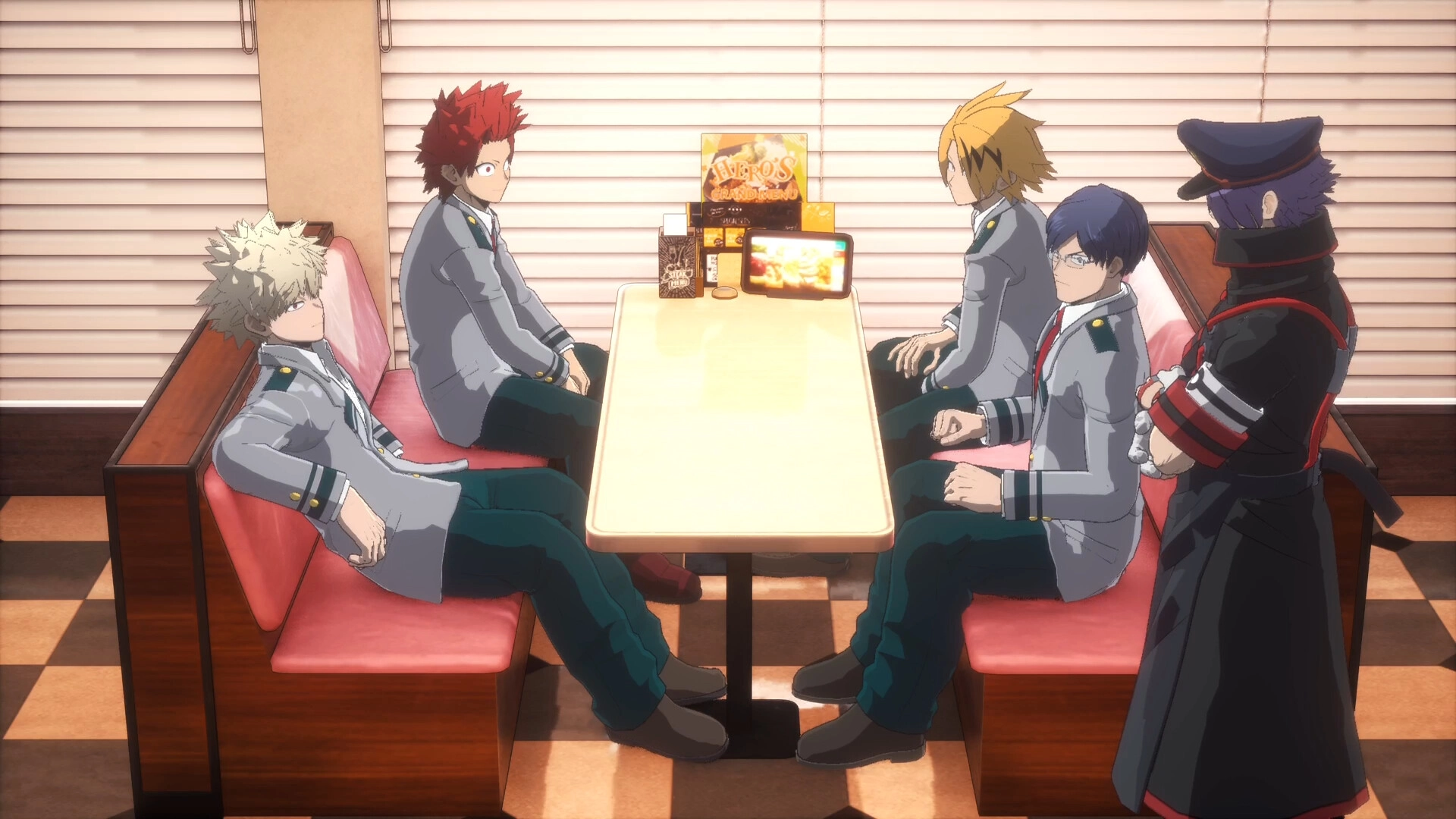 Students from My Hero Academia in U.A. High uniforms sit in a booth, discussing in a diner setting.