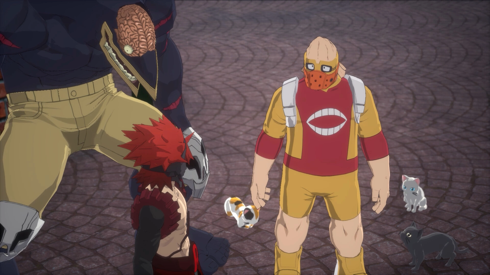 My Hero Academia game characters gather in a 3D animated scene, featuring hero costumes and striking poses.