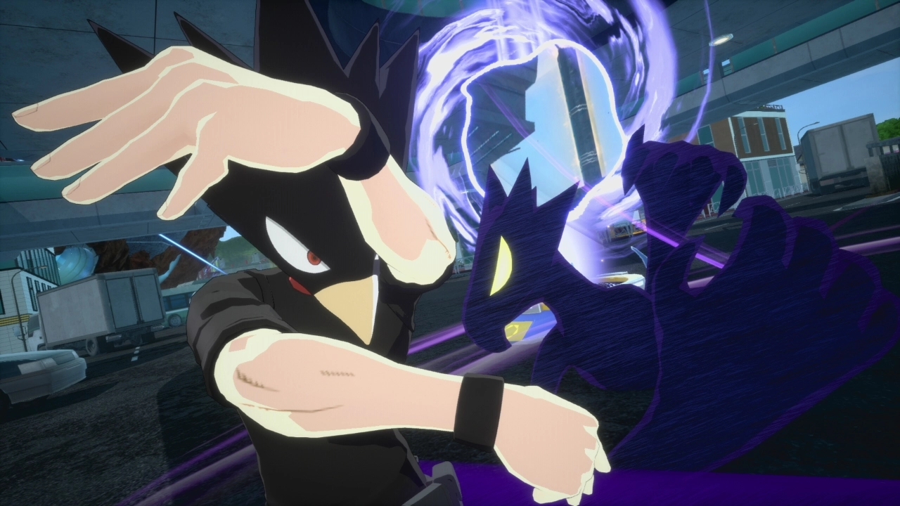 Fumikage Tokoyami using Dark Shadow Quirk in a dynamic battle pose from MY HERO ULTRA RUMBLE Season 15