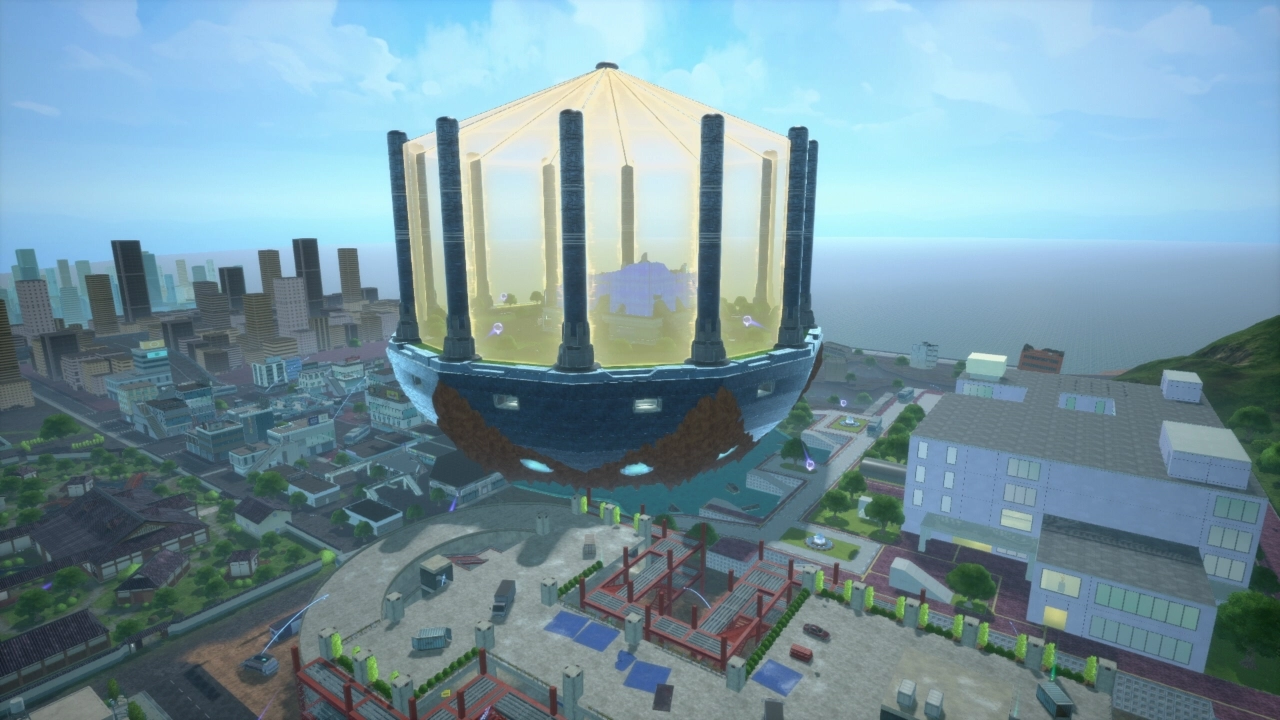 Floating arena above cityscape, featuring futuristic architecture and surrounded by tall buildings