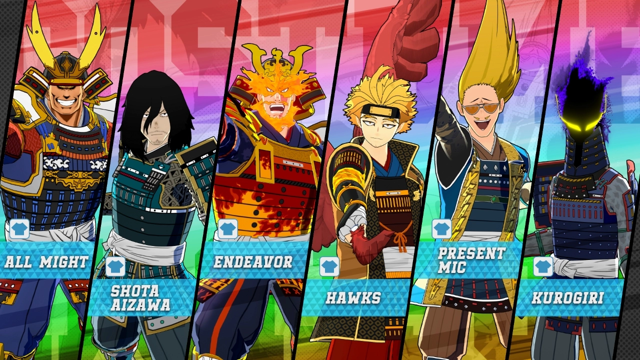 Characters from MY HERO ULTRA RUMBLE Season 15 in samurai armor, showcasing vibrant designs