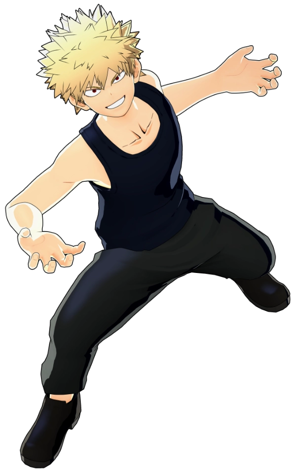 A character with spiky blond hair in a black tank top and pants, striking a dynamic pose