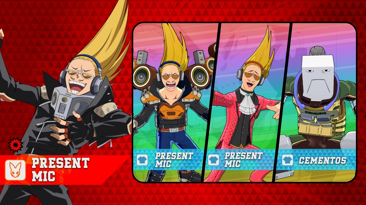 Three dynamic illustrations of Present Mic and Cementos from U.A. High School in vibrant costumes