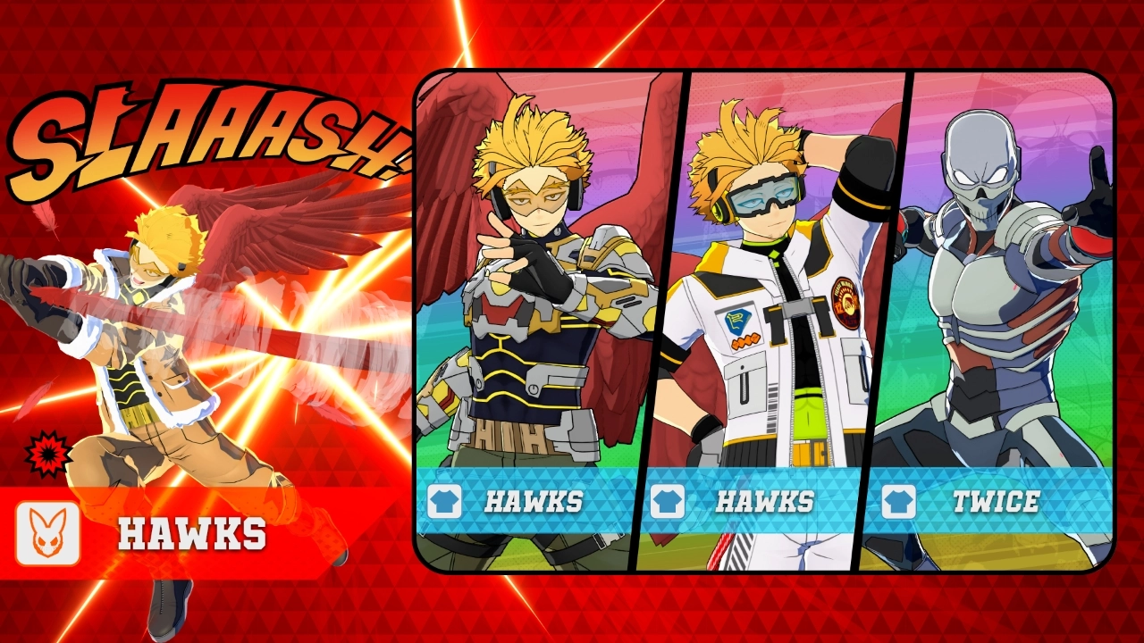 Hawks in three different costumes, striking dynamic poses against a vibrant red background with comic effects