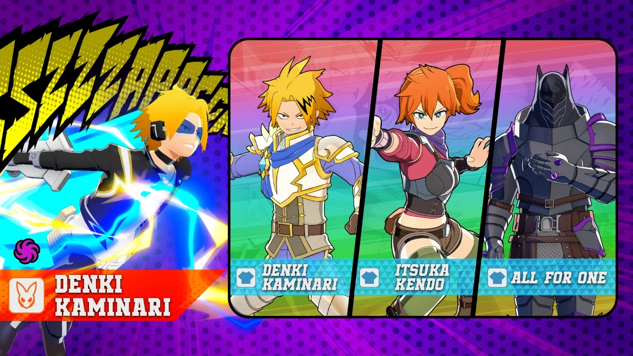 Denki Kaminari, Itsuka Kendo, and All For One characters from Season 15 update in vibrant action poses