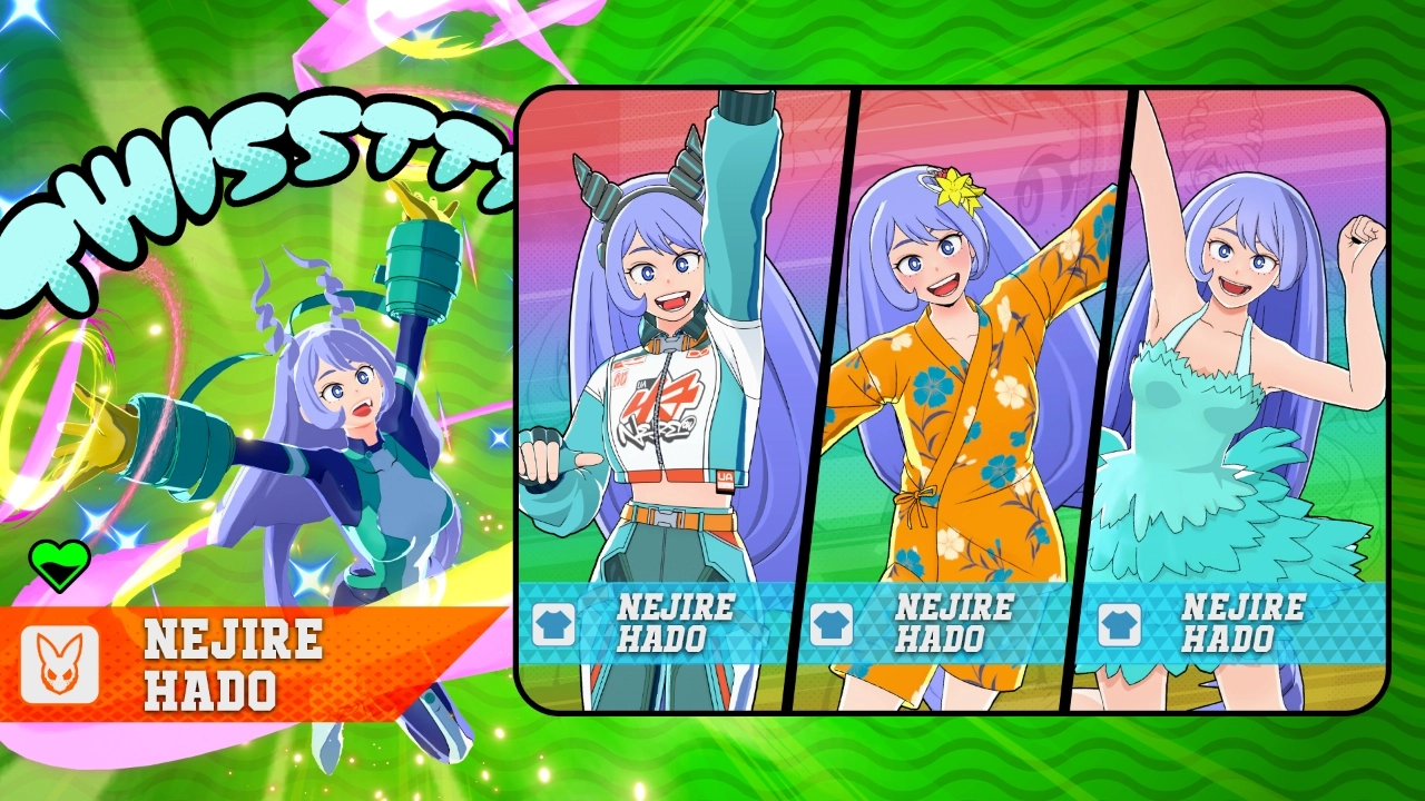 Character Nejire Hado in various outfits, showcasing her vibrant energy and dynamic poses against a colorful background