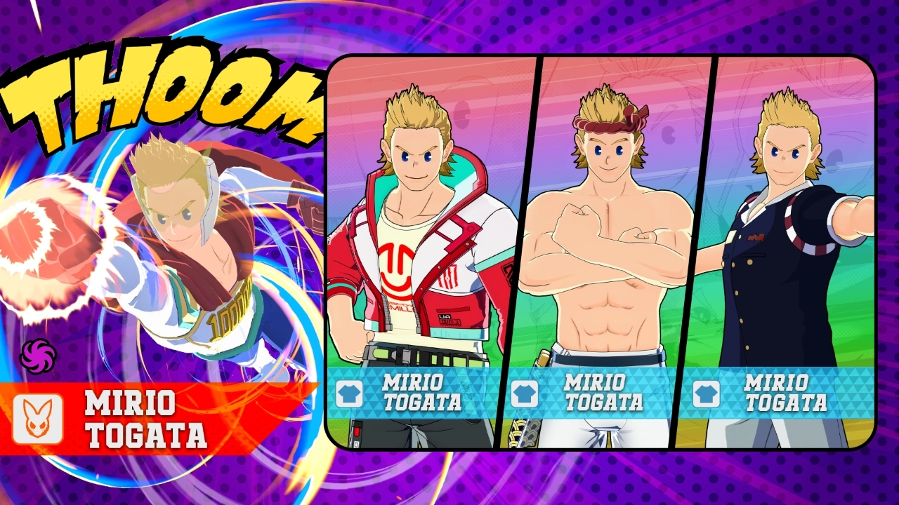 Mirio Togata in various outfits, showcasing his dynamic poses and expressions against a vibrant background